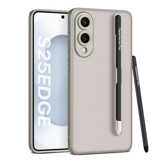 For Samsung Galaxy S25 Edge 5G GKK Metal Paint Skin Feel Leather Phone Case with Pen(Titanium Grey)