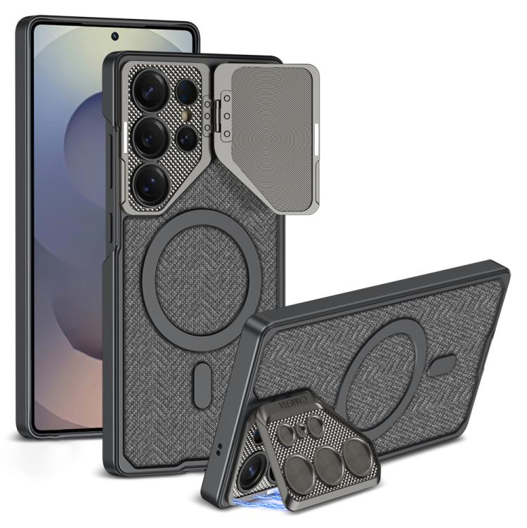 For Samsung Galaxy S25 Ultra 5G GKK Metal Paint Leather Nylon Fabric Lens Holder MagSafe Phone Case(Grey) - Galaxy S25 Ultra 5G Cases by GKK | Online Shopping UK | buy2fix