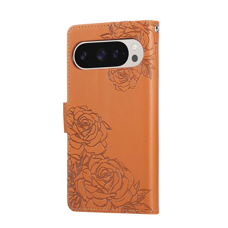 For Google Pixel 10 / 10 Pro Rose Flower Embossed 3-Card Slots Leather Phone Case(Brown) - Google Cases by buy2fix | Online Shopping UK | buy2fix