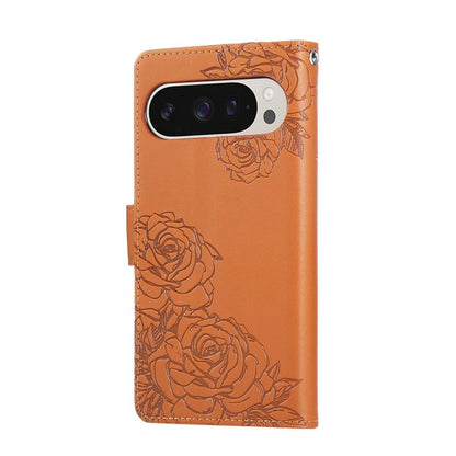 For Google Pixel 10 / 10 Pro Rose Flower Embossed 3-Card Slots Leather Phone Case(Brown) - Google Cases by buy2fix | Online Shopping UK | buy2fix