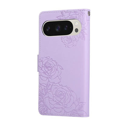 For Google Pixel 10 / 10 Pro Rose Flower Embossed 3-Card Slots Leather Phone Case(Purple) - Google Cases by buy2fix | Online Shopping UK | buy2fix
