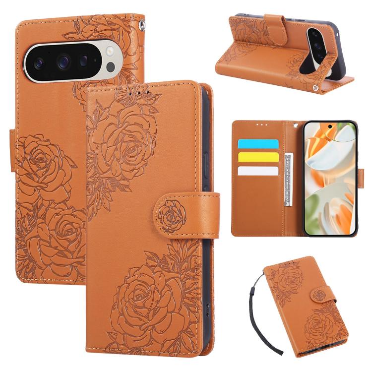 For Google Pixel 10 Pro XL Rose Flower Embossed 3-Card Slots Leather Phone Case(Brown) - Google Cases by buy2fix | Online Shopping UK | buy2fix
