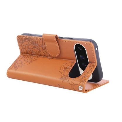 For Google Pixel 10 Pro XL Rose Flower Embossed 3-Card Slots Leather Phone Case(Brown) - Google Cases by buy2fix | Online Shopping UK | buy2fix