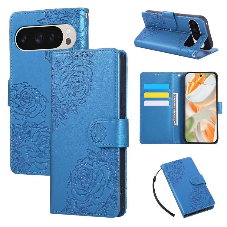 For Google Pixel 10 Pro XL Rose Flower Embossed 3-Card Slots Leather Phone Case(Blue) - Google Cases by buy2fix | Online Shopping UK | buy2fix