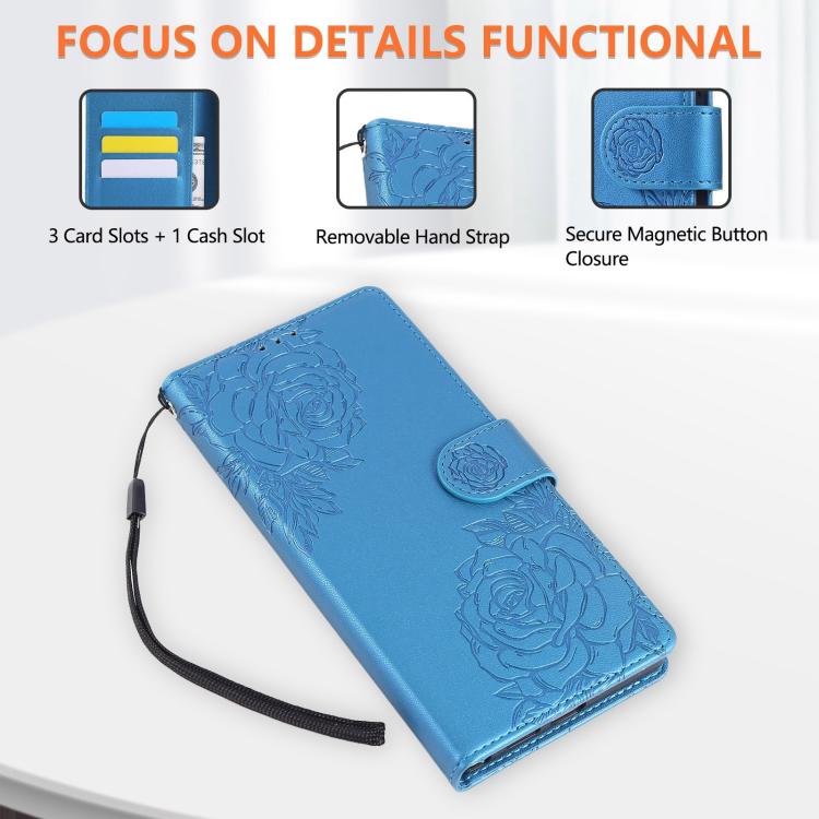 For Google Pixel 10 Pro XL Rose Flower Embossed 3-Card Slots Leather Phone Case(Blue) - Google Cases by buy2fix | Online Shopping UK | buy2fix