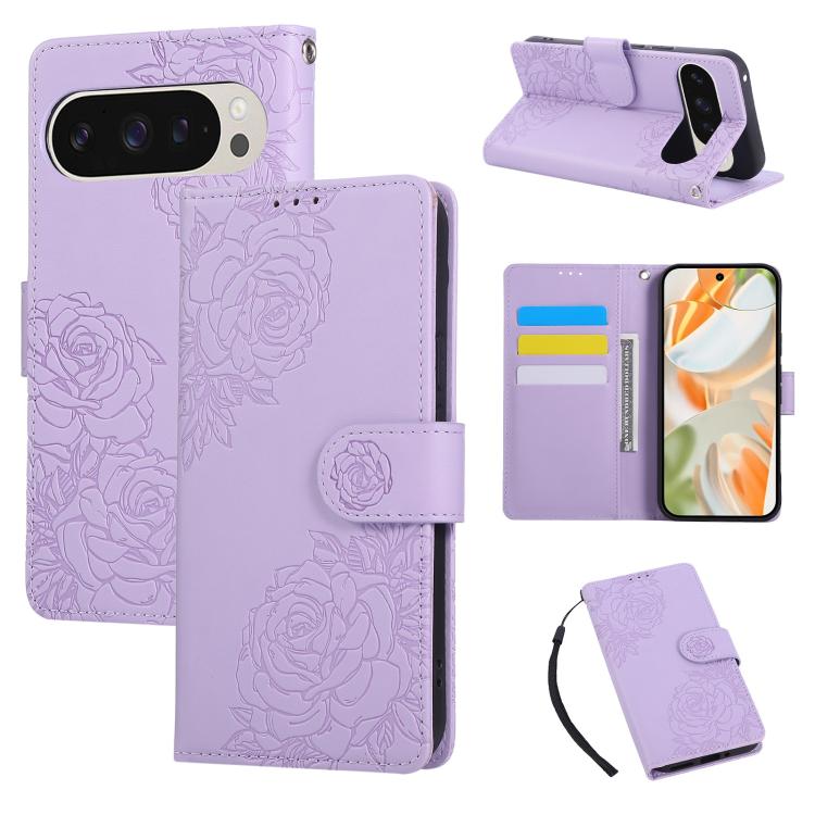 For Google Pixel 10 Pro XL Rose Flower Embossed 3-Card Slots Leather Phone Case(Purple) - Google Cases by buy2fix | Online Shopping UK | buy2fix
