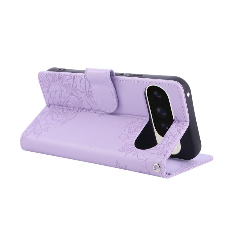 For Google Pixel 10 Pro XL Rose Flower Embossed 3-Card Slots Leather Phone Case(Purple) - Google Cases by buy2fix | Online Shopping UK | buy2fix