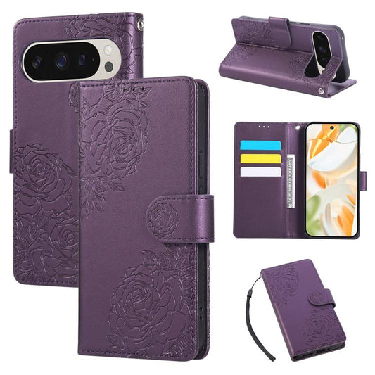 For Google Pixel 10 Pro XL Rose Flower Embossed 3-Card Slots Leather Phone Case(Deep Purple) - Google Cases by buy2fix | Online Shopping UK | buy2fix