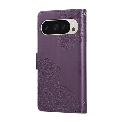 For Google Pixel 10 Pro XL Rose Flower Embossed 3-Card Slots Leather Phone Case(Deep Purple) - Google Cases by buy2fix | Online Shopping UK | buy2fix