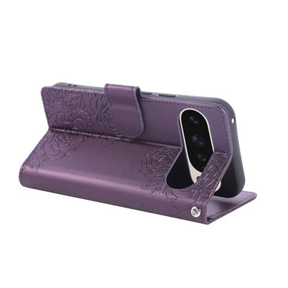 For Google Pixel 10 Pro XL Rose Flower Embossed 3-Card Slots Leather Phone Case(Deep Purple) - Google Cases by buy2fix | Online Shopping UK | buy2fix