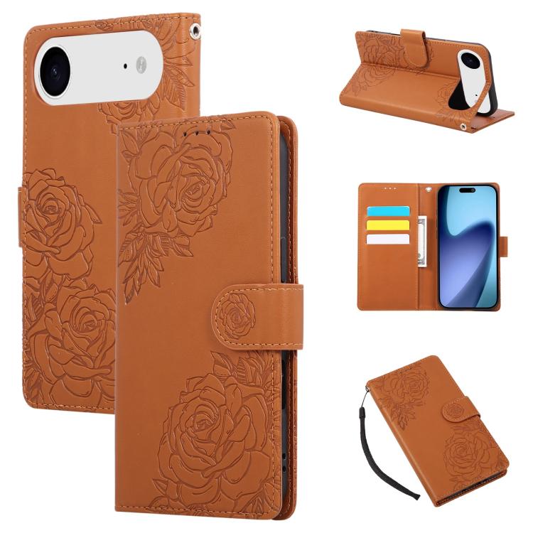 For iPhone Air Rose Flower Embossed 3-Card Slots Leather Phone Case(Brown) - iPhone Air Cases by buy2fix | Online Shopping UK | buy2fix
