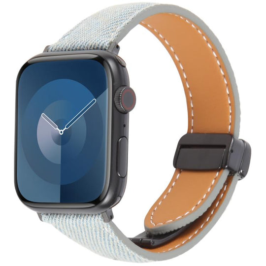 For Apple Watch 42mm / 41mm / 40mm / 38mm Folding Magnetic Buckle Denim Leather Watch Band(Light Blue)