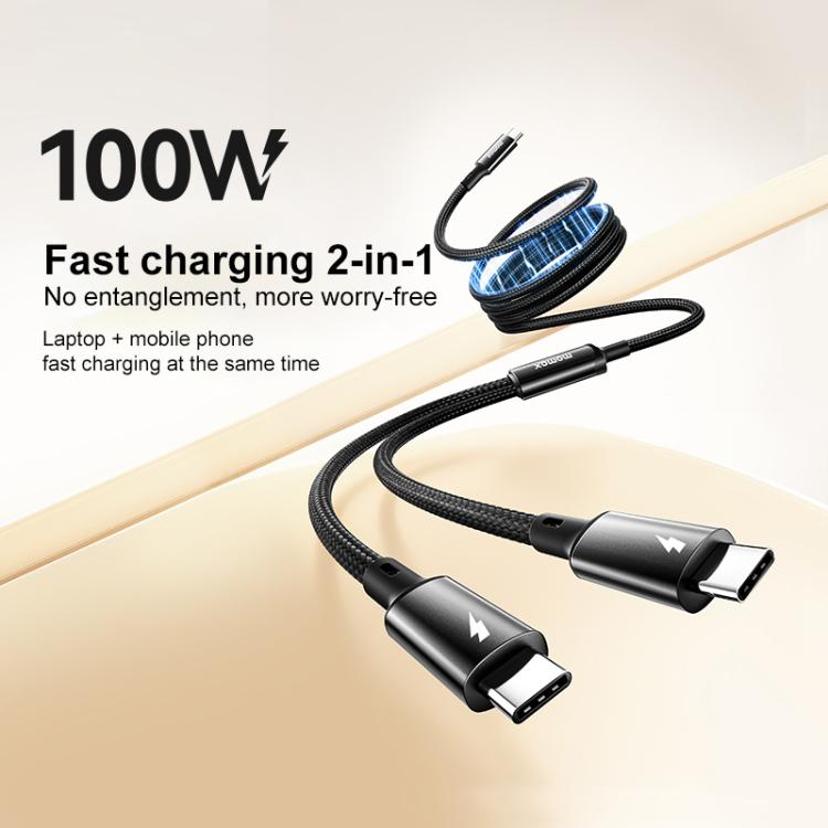 MOMAX DC85D Mag.Link 100W Type-C to Type-C 2 in 1 Magnetic Braided Data Cable, Length:1.5m(Black) - USB-C & Type-C Cable by MOMAX | Online Shopping UK | buy2fix