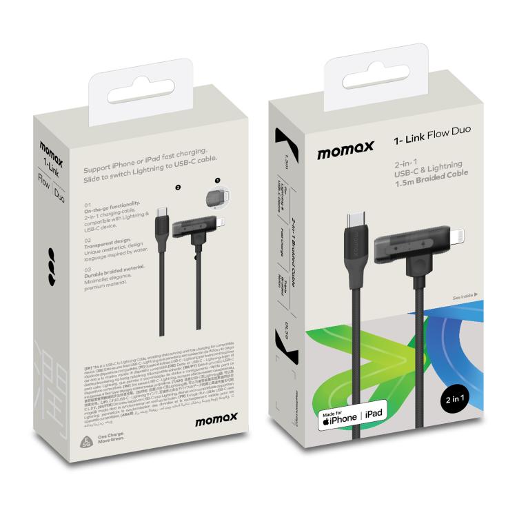 MOMAX DL56 1-Link Flow 60W Type-C to Type-C and 8 Pin Fast Charging Cable, Length:1.5m(Black) - 2 in 1 Cable by MOMAX | Online Shopping UK | buy2fix