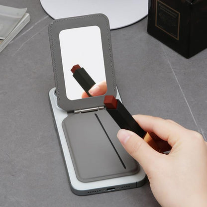 Hinge Mirror Phone Holder Leather Card Bag(Meteorite Grey) - Adhesive Card Holders by buy2fix | Online Shopping UK | buy2fix