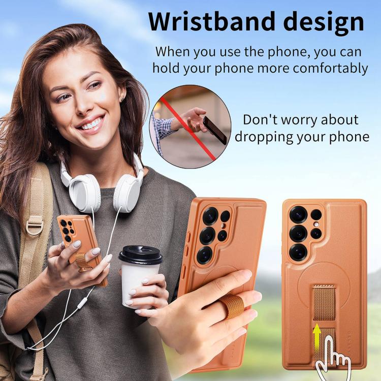 For Samsung Galaxy S25 Ultra 5G CaseNeo Finger Grip Strap MagSafe Leather Phone Case(Brown) - Galaxy S25 Ultra 5G Cases by CaseNeo | Online Shopping UK | buy2fix