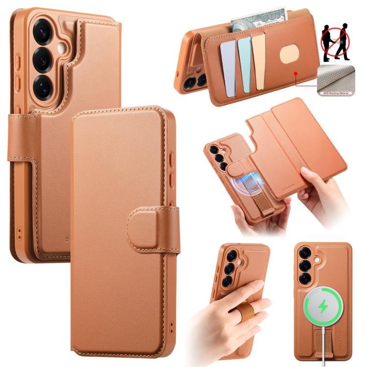 For Samsung Galaxy S25 / S24 5G CaseNeo Finger Grip Strap MagSafe Leather Phone Case(Brown) - Galaxy S25 5G Cases by CaseNeo | Online Shopping UK | buy2fix
