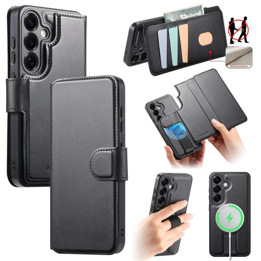For Samsung Galaxy S25 / S24 5G CaseNeo Finger Grip Strap MagSafe Leather Phone Case(Black) - Galaxy S25 5G Cases by CaseNeo | Online Shopping UK | buy2fix