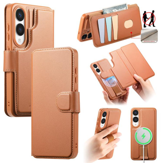 For Samsung Galaxy S25 Edge 5G CaseNeo Finger Grip Strap MagSafe Leather Phone Case(Brown) - Galaxy S25 Edge 5G Cases by CaseNeo | Online Shopping UK | buy2fix