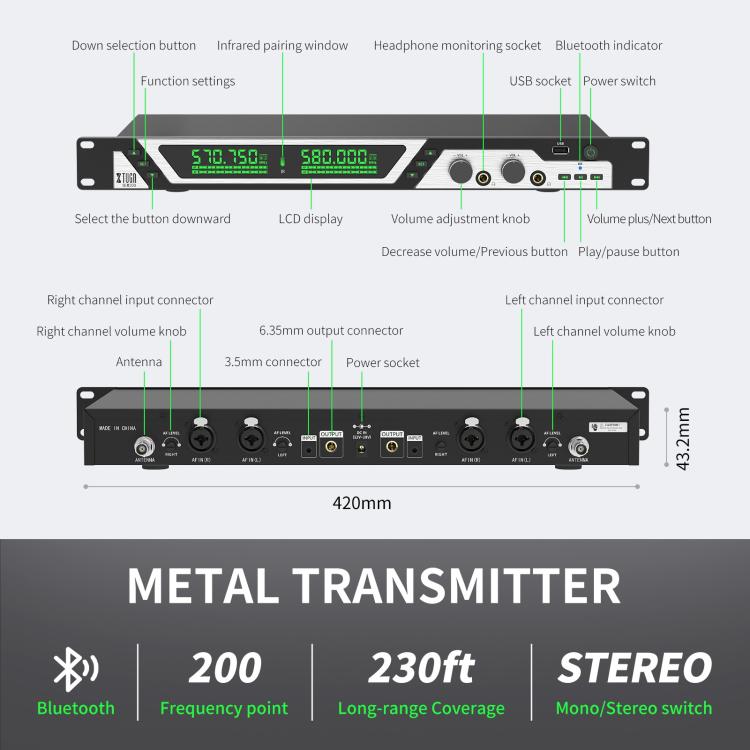 XTUGA SEM200 Wireless Stereo Stage Performance Professional In-ear Monitor System 4 BodyPacks + Transmitter - Microphone by XTUGA | Online Shopping UK | buy2fix