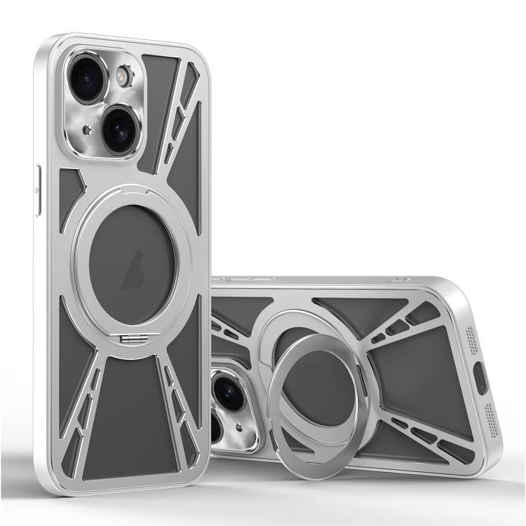 For iPhone 14 Cooling Hollow Metal Holder MagSafe Phone Case(Silver) - iPhone 14 Cases by buy2fix | Online Shopping UK | buy2fix