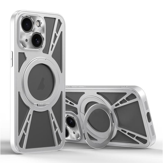 For iPhone 15 Cooling Hollow Metal Holder MagSafe Phone Case(Silver)