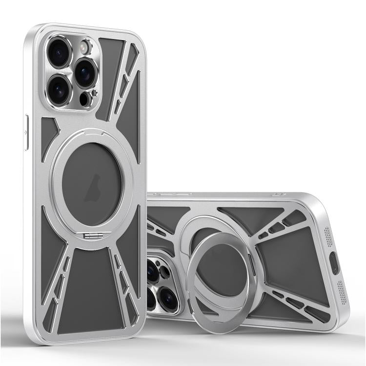 For iPhone 15 Pro Cooling Hollow Metal Holder MagSafe Phone Case(Silver) - iPhone 15 Pro Cases by buy2fix | Online Shopping UK | buy2fix