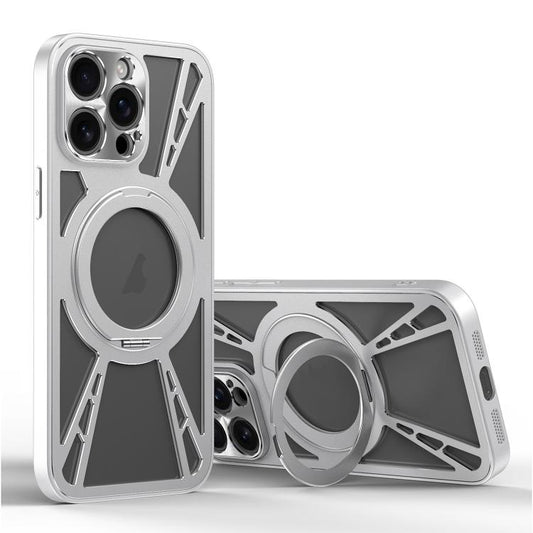 For iPhone 15 Pro Cooling Hollow Metal Holder MagSafe Phone Case(Silver) - iPhone 15 Pro Cases by buy2fix | Online Shopping UK | buy2fix
