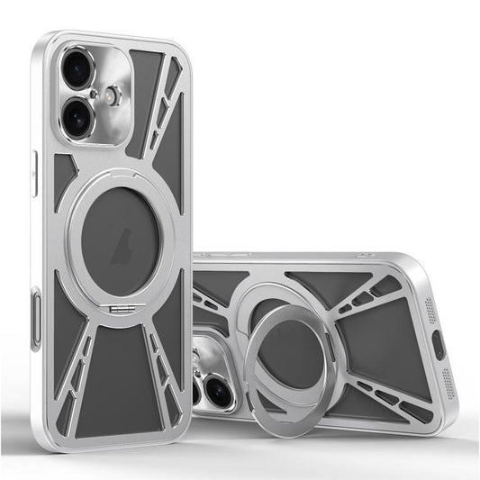 For iPhone 16 Cooling Hollow Metal Holder MagSafe Phone Case(Silver) - iPhone 16 Cases by buy2fix | Online Shopping UK | buy2fix