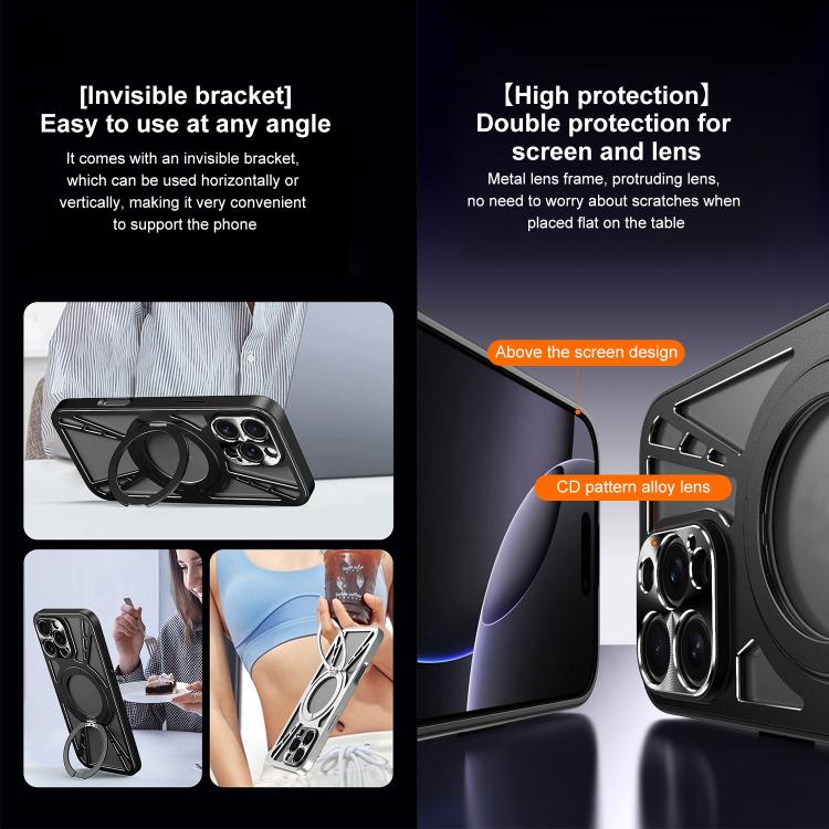 For iPhone 16 Pro Max Cooling Hollow Metal Holder MagSafe Phone Case(Black) - iPhone 16 Pro Max Cases by buy2fix | Online Shopping UK | buy2fix