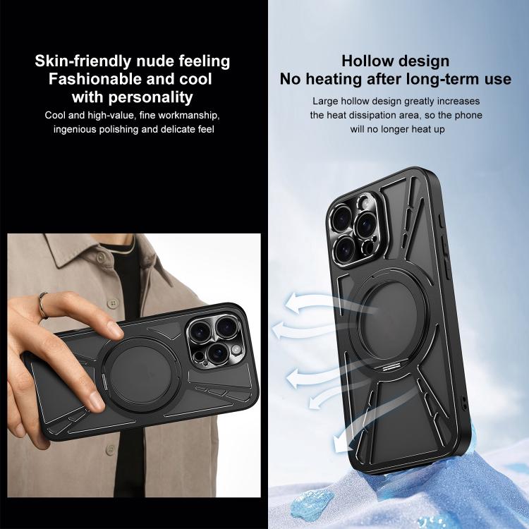 For iPhone 16 Pro Cooling Hollow Metal Holder MagSafe Phone Case(Black) - iPhone 16 Pro Cases by buy2fix | Online Shopping UK | buy2fix