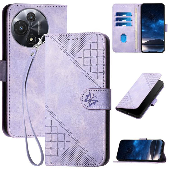 For TCL 60R 5G Grid Butterfly Embossed Pattern Leather Phone Case with Lanyard(Light Purple)