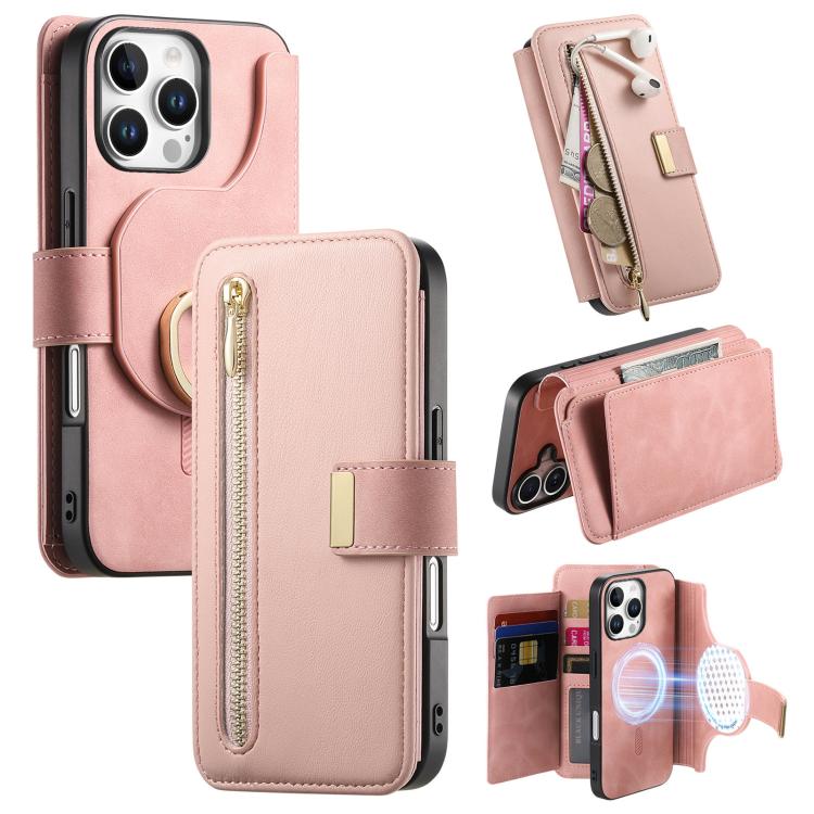 For iPhone 16 Pro Ring Zipper Wallet RFID Blocking MagSafe Leather Phone Case(Pink) - iPhone 16 Pro Cases by buy2fix | Online Shopping UK | buy2fix