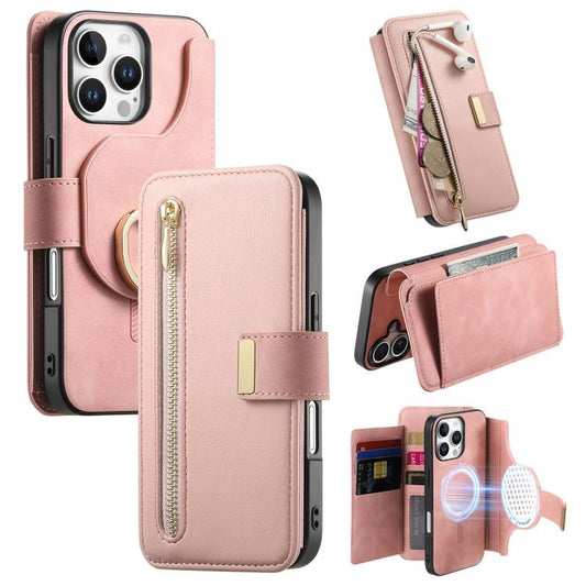 For iPhone 16 Pro Ring Zipper Wallet RFID Blocking MagSafe Leather Phone Case(Pink) - iPhone 16 Pro Cases by buy2fix | Online Shopping UK | buy2fix