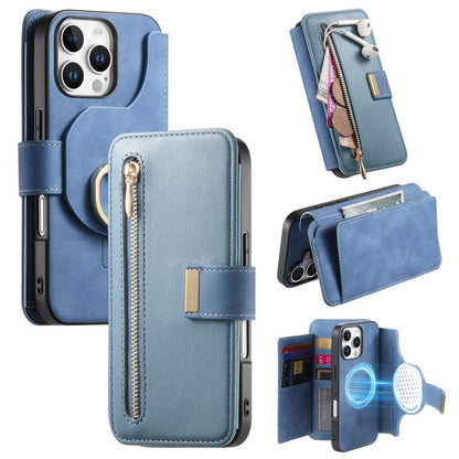 For iPhone 16 Pro Ring Zipper Wallet RFID Blocking MagSafe Leather Phone Case(Blue) - iPhone 16 Pro Cases by buy2fix | Online Shopping UK | buy2fix