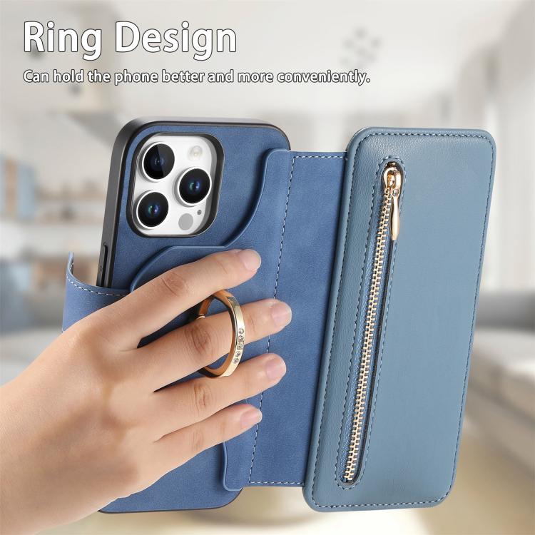 For iPhone 16 Pro Ring Zipper Wallet RFID Blocking MagSafe Leather Phone Case(Blue) - iPhone 16 Pro Cases by buy2fix | Online Shopping UK | buy2fix