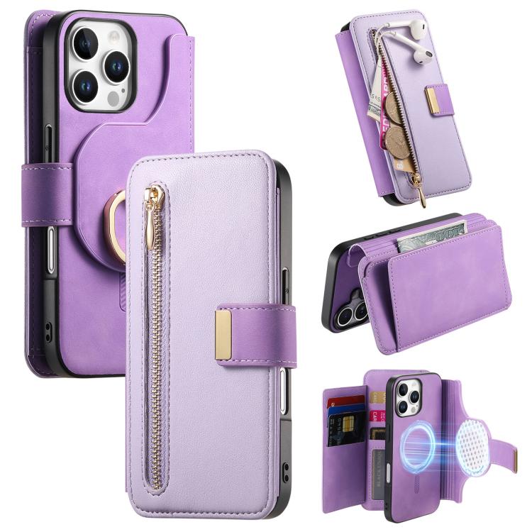 For iPhone 16 Pro Ring Zipper Wallet RFID Blocking MagSafe Leather Phone Case(Purple) - iPhone 16 Pro Cases by buy2fix | Online Shopping UK | buy2fix