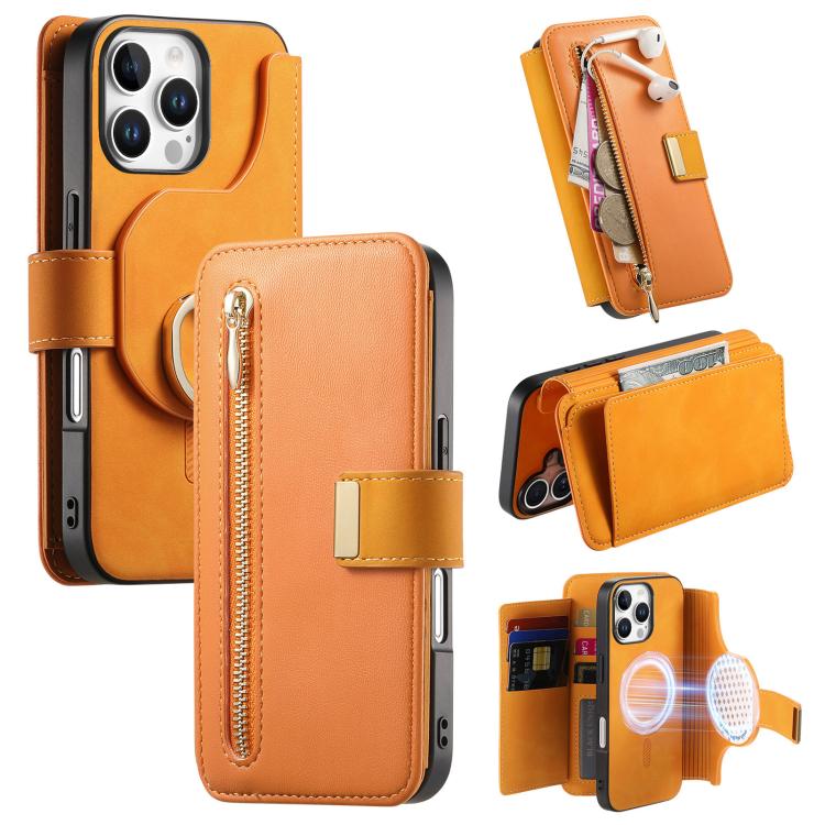 For iPhone 16 Pro Ring Zipper Wallet RFID Blocking MagSafe Leather Phone Case(Orange) - iPhone 16 Pro Cases by buy2fix | Online Shopping UK | buy2fix