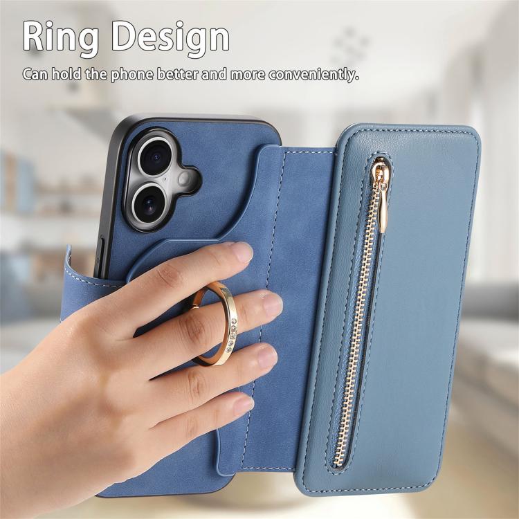 For iPhone 16 Plus Ring Zipper Wallet RFID Blocking MagSafe Leather Phone Case(Blue) - iPhone 16 Plus Cases by buy2fix | Online Shopping UK | buy2fix