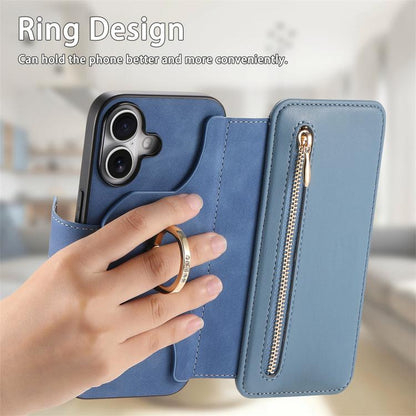 For iPhone 16 Plus Ring Zipper Wallet RFID Blocking MagSafe Leather Phone Case(Blue) - iPhone 16 Plus Cases by buy2fix | Online Shopping UK | buy2fix