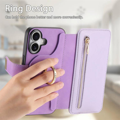 For iPhone 16 Plus Ring Zipper Wallet RFID Blocking MagSafe Leather Phone Case(Purple) - iPhone 16 Plus Cases by buy2fix | Online Shopping UK | buy2fix
