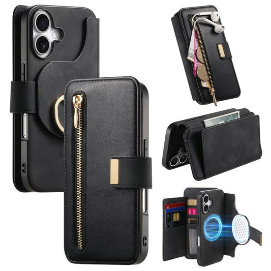 For iPhone 16 Plus Ring Zipper Wallet RFID Blocking MagSafe Leather Phone Case(Black) - iPhone 16 Plus Cases by buy2fix | Online Shopping UK | buy2fix