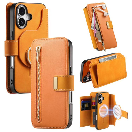 For iPhone 16 Plus Ring Zipper Wallet RFID Blocking MagSafe Leather Phone Case(Orange) - iPhone 16 Plus Cases by buy2fix | Online Shopping UK | buy2fix