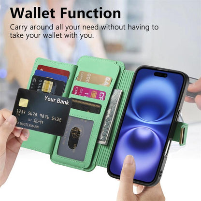 For iPhone 16 Plus Ring Zipper Wallet RFID Blocking MagSafe Leather Phone Case(Green) - iPhone 16 Plus Cases by buy2fix | Online Shopping UK | buy2fix