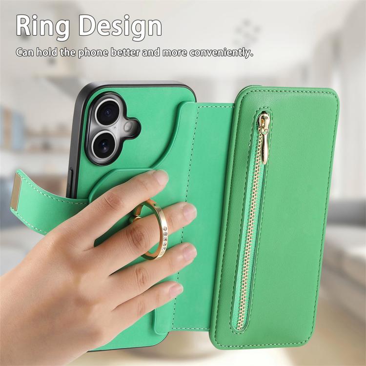 For iPhone 16 Plus Ring Zipper Wallet RFID Blocking MagSafe Leather Phone Case(Green) - iPhone 16 Plus Cases by buy2fix | Online Shopping UK | buy2fix