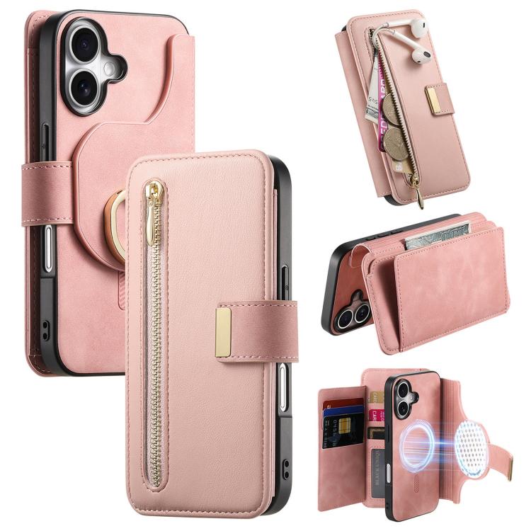 For iPhone 16 Ring Zipper Wallet RFID Blocking MagSafe Leather Phone Case(Pink) - iPhone 16 Cases by buy2fix | Online Shopping UK | buy2fix