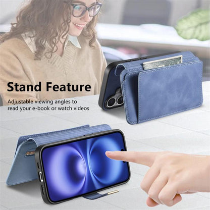 For iPhone 16 Ring Zipper Wallet RFID Blocking MagSafe Leather Phone Case(Blue) - iPhone 16 Cases by buy2fix | Online Shopping UK | buy2fix
