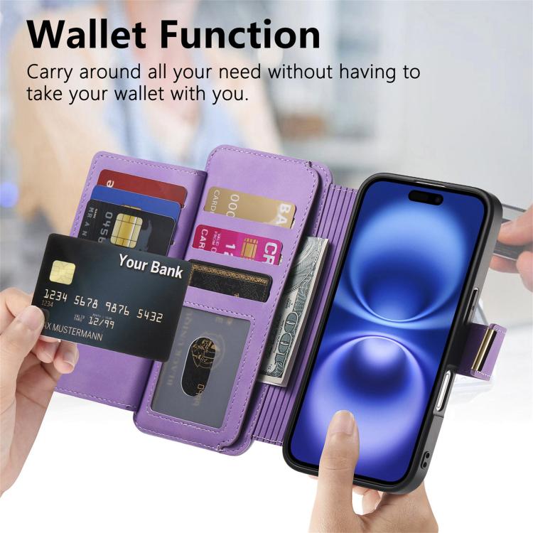For iPhone 16 Ring Zipper Wallet RFID Blocking MagSafe Leather Phone Case(Purple) - iPhone 16 Cases by buy2fix | Online Shopping UK | buy2fix