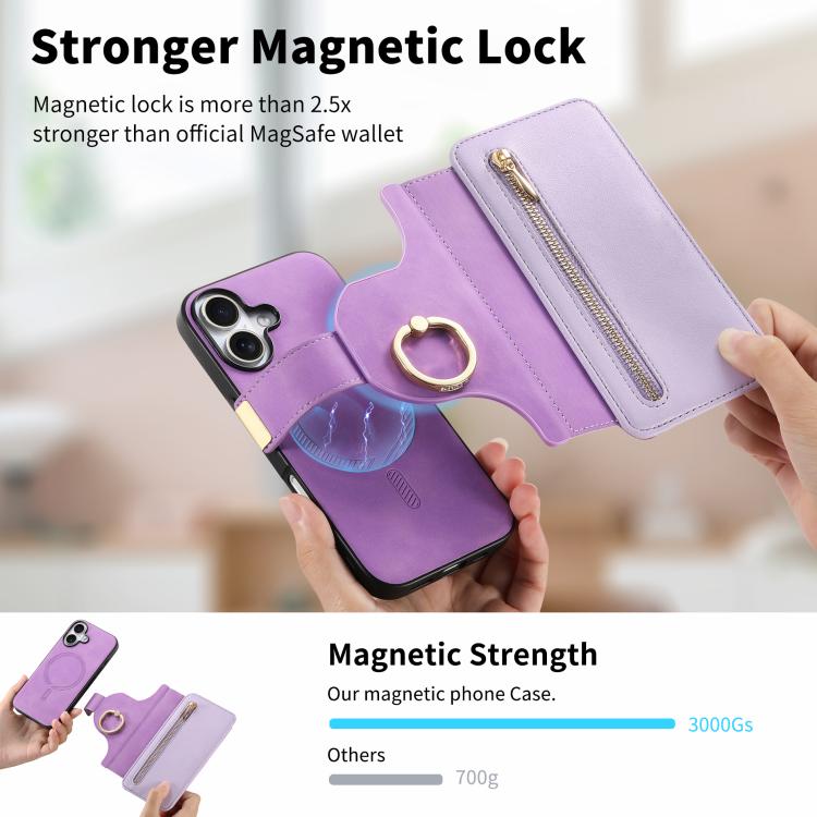 For iPhone 16 Ring Zipper Wallet RFID Blocking MagSafe Leather Phone Case(Purple) - iPhone 16 Cases by buy2fix | Online Shopping UK | buy2fix