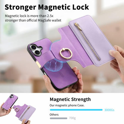 For iPhone 16 Ring Zipper Wallet RFID Blocking MagSafe Leather Phone Case(Purple) - iPhone 16 Cases by buy2fix | Online Shopping UK | buy2fix